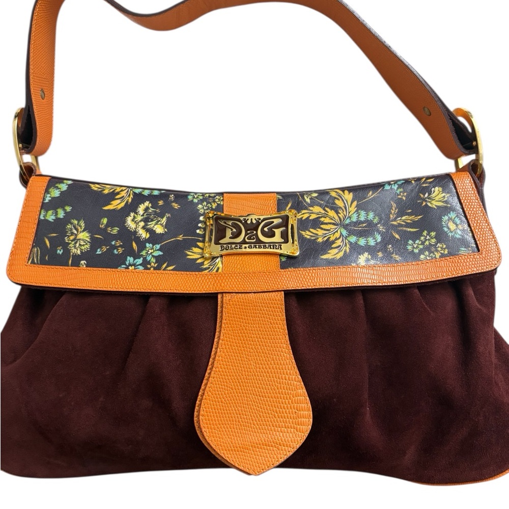 DOLCE & GABBANA Authentic Vintage Floral Suede & Lizard Trim Shoulder Bag - Picture 2 of 8